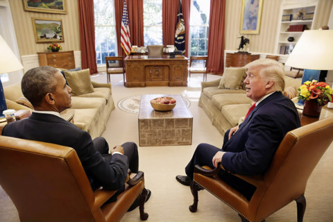 U.S. President Barack Obama meeting with U.S. President-elect Donald Trump in the White House Oval
