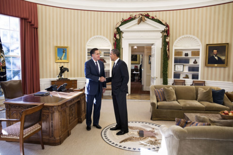 U.S. President shaking hands with former Massachusetts governor Mitt Romney following their lunch,