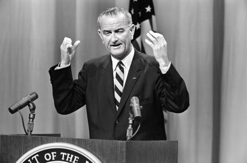 U.S. Vice President Lyndon B. Johnson speaking during press conference at U.S. State Department