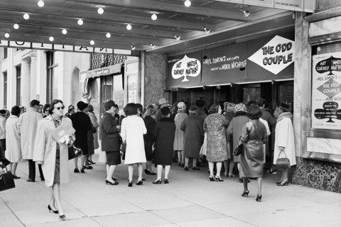 Group of people at entrance to theater to see pre-Broadway production of Neil Simon's play "The Odd