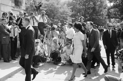 Student Vivian Malone Jones arriving at door of Foster Auditorium, University of Alabama, to