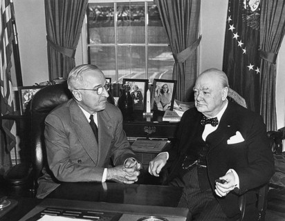 U.S. President Harry S. Truman and Winston Churchill, Prime Minister of Great Britain, sit down in