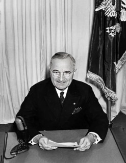 U.S. President Harry S. Truman giving radio address announcing victory in Europe over the Germans,