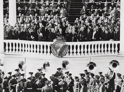 U.S. President Harry S. Truman (center foreground, right) taking oath of office and is sworn in as