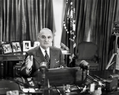 U.S. President Harry S. Truman delivering radio and television address on issue of international