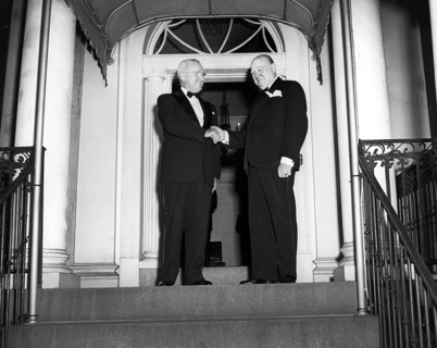 U.S. President Harry S. Truman (left) and British Prime Minister Winston Churchill (right) shaking