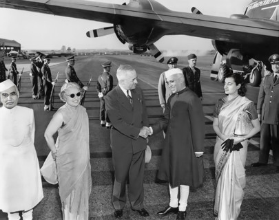 U.S. President Harry S. Truman (third from left) greeting Prime Minister of India Jawaharlal Nehru