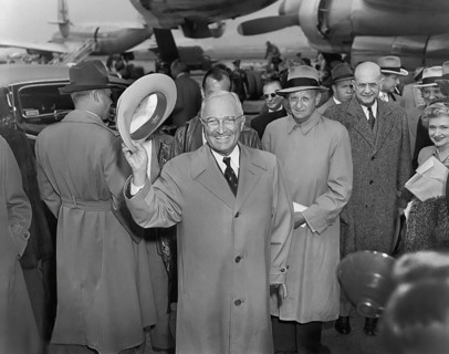 U.S. President Harry S. Truman waving upon his arrival at Washington National Airport following a