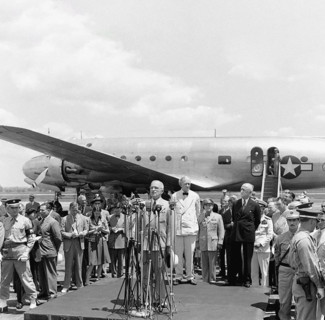 U.S. President Harry S. Truman speaking at ceremony marking departure of U.S. Secretary of State