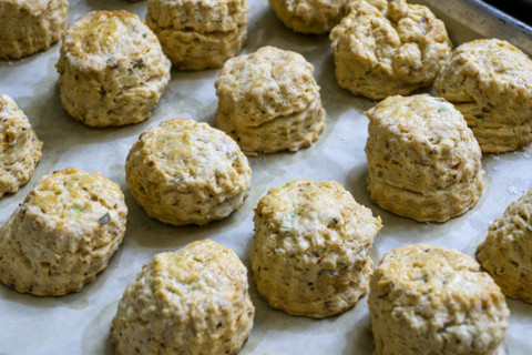Close-up view baking sheet filled with savory scones