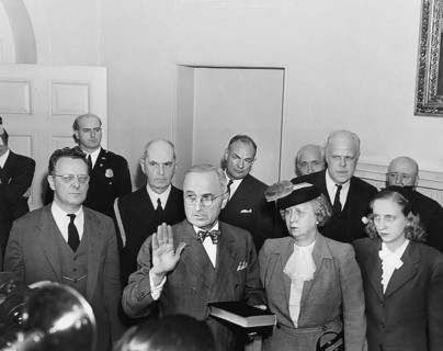 U.S. Vice President Harry S. Truman taking oath of office, at 7:09 p.m., after death of U.S.