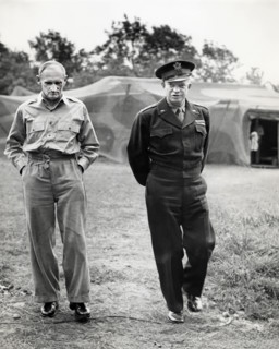British Field Marshal Bernard L. Montgomery (left) briefing U.S. General Dwight D. Eisenhower