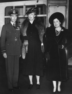 U.S. First Lady Eleanor Roosevelt being greeted by King George VI and Queen Elizabeth upon her