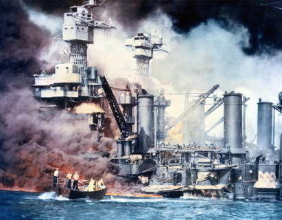 Thick smoke rolling out of burning ship during Imperial Japanese Navy's First Air Fleet attack on