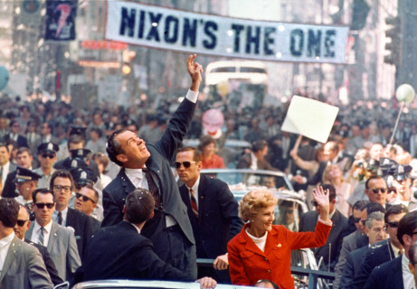 U.S. Republican nominee for U.S. President Richard M. Nixon and wife Pat Nixon in motorcade during