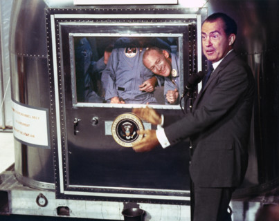 U.S. President Richard Nixon greeting Apollo 11 astronauts Neil A. Armstrong, Edwin E. Aldrin and