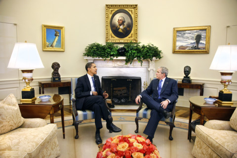 U.S. President George W. Bush and U.S. President-elect Barack Obama meeting in White House Oval