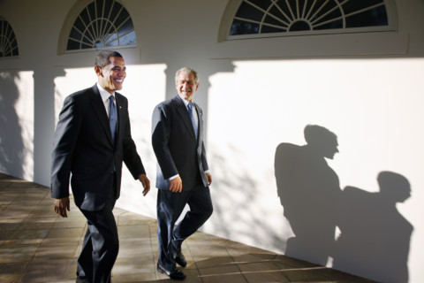 U.S. President George W. Bush and U.S. President-elect Barack Obama walking along White House