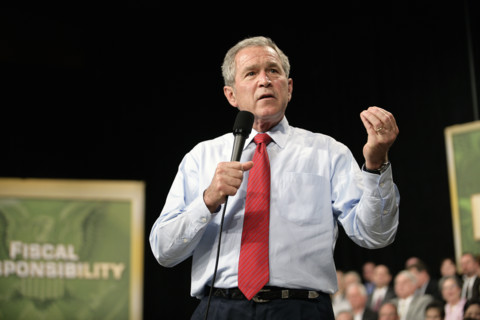 U.S. President George W. Bush delivering remarks on the budget, John Q. Hammons Convention Center,