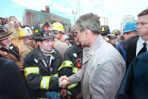 U.S. President George W. Bush greeting firefighters, police and rescue personnel at World Trade