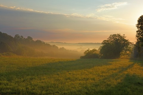 Country landscape with morning mist in Corrèze