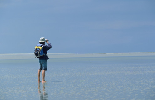 France, Normandie, Manche, baie du mon saint michel, maree basse, guide chemins de la baie, nicolas crestey, ciel bleu,