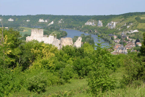 France, Haute Normandie, vallee de la Seine, eure, les andelys, chateau gaillard, vestige, richard coeur de lion, vue sur le village des andelys et la boucle de la Seine,