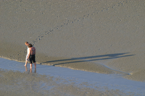 France, Normandie, Manche, baie du Mont-Saint-Michel, maree basse, promeneurs dans la baie, maree basse, ombre, couple, pieds dans l'eau,
