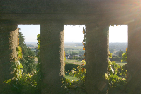 France, Basse Normandie, Manche, avranches, jardin des plantes, vue sur la baie du Mont-Saint-Michel au travers d'un parapet,