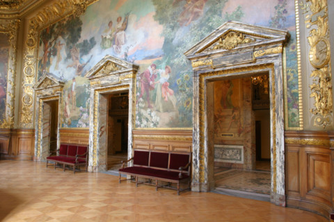 France, Paris 2e, opera comique, salle Favart, place Boieldieu, foyer portes, decor,