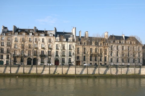 France, Paris 4e, ile saint louis, quai d'anjou, immeubles, la Seine, arbres en hiver,
