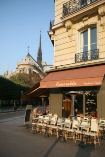 France, Paris 4e, ile de la cite, rue du chapitre notre dame, terrasse de cafe, cathedrale Notre-Dame de Paris au fond,
