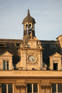 France, Paris 13, place d'italie, mairie du XIIIe, detail facade et tourelle,