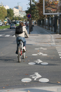 France, Paris 15e, piste cyclable paralelle au tram du pont du garigliano, boulevard general martial vallin, velo, cycliste, pictogramme,