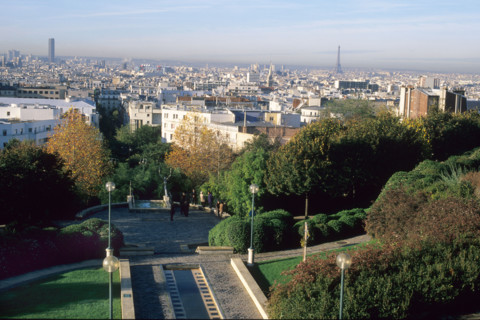 France, Paris 20e, parc de Belleville, vue sur Paris, panorama, escaliers,