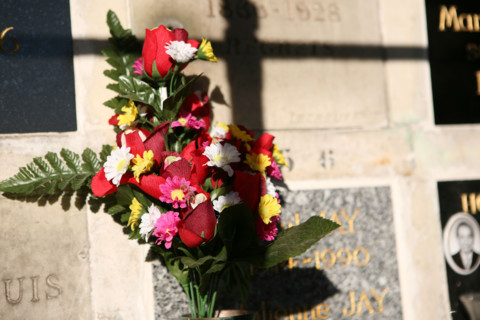 France, Paris 20e, cimetiere du pere Lachaise, colombarium, plaques, souvenir, fleurs
