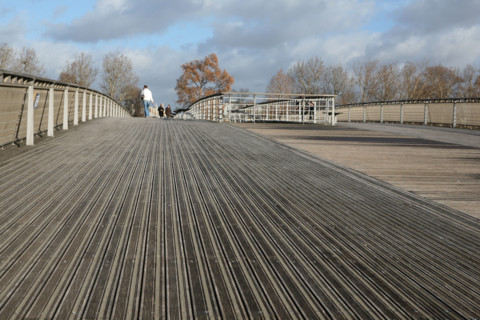France, Paris 7e, passerelle Leopold Sedar Senghor, initialement nommee passerelle de solferino, structure metallique, sol en bois,