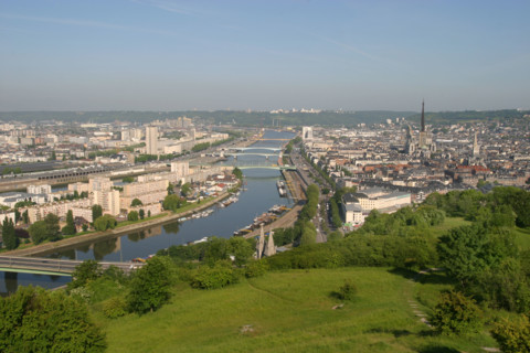France, Normandie, Seine Maritime, Rouen, panorama, la Seine, vue depuis la cote sainte catherine, cathedrale, ponts, maisons, ville, collinne,