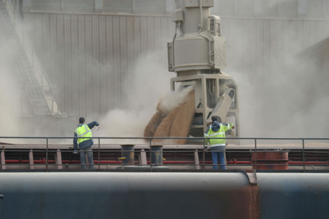 France: Normandie, Seine Maritime, vallee de la Seine, Rouen, grand port de mer de Rouen, cargo vraquier, chargement de cereales, silos senalia