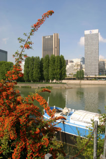 France, hauts de Seine, la defense, tours, immeubles, gratte ciel, depuis l'ile de la jatte, neuilly sur Seine, la Seine, peniche,