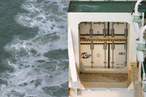 France: Normandie, Seine Maritime, vallee de la Seine, grand port de mer de Rouen, descente de Seine du CMA-CGM Fort Saint Pierre, porte conteneurs, container,