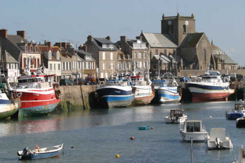France, Basse Normandie, Manche, val de saire, port de barfleur, plus beaux villages de france, bateaux de peche, le port, panorama, paysage, maree basse,