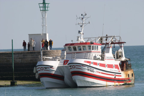 France, Basse Normandie, Manche, val de saire, port de barfleur, plus beaux villages de france, bateau de peche, catamaran, retour de peche, marisn sur le quai,