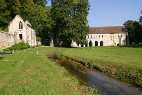 France, Haute Normandie, eure, abbaye de fontaine guerard, art gothique, edifice religieux, arcades, voutes, ruisseau, herbe,