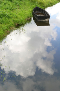 France, Basse Normandie, Manche, auvers, nature, parc des marais du Cotentin, herbe, barque, reflet dans l'eau