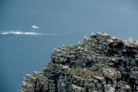 France, Bretagne, Cotes d'Armor, cote d'Emeraude, cap Frehel, phare, sentier des douaniers, chemin littoral, GR 34, randonnee, ciel d'orage tres menacant, rocher ou nichent des oiseaux, goelands, bate...