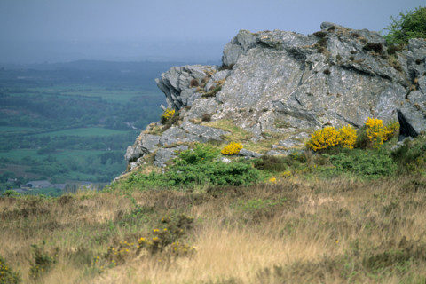 France, Bretagne, Finistere, monts d'arree, au sommet du roc'h trevezel, point culminant a 364 metres, paysage, rochers, lande sauvage,