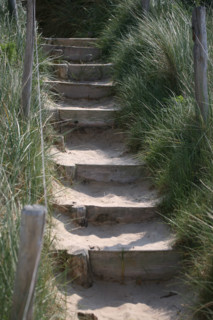 France, Bretagne, Cotes d'Armor, cote d'Emeraude, sables d'or les pins, la plage, escaliers dans les dunes, sable, oyats,