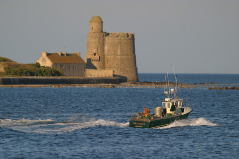 France, Basse Normandie, Manche, Saint-Vaast-la-Hougue, sortie en mer d'eun petit bateau de peche, caseyeur, face au fort vauban de l'ile tatihou,