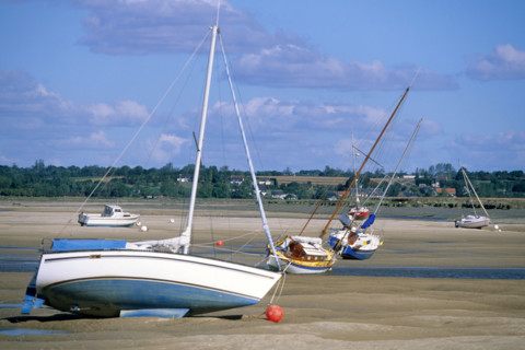 France, Basse Normandie, Manche, regneville sur mer, havre de regneville, maree basse, sable, bateaux echoues, ponton